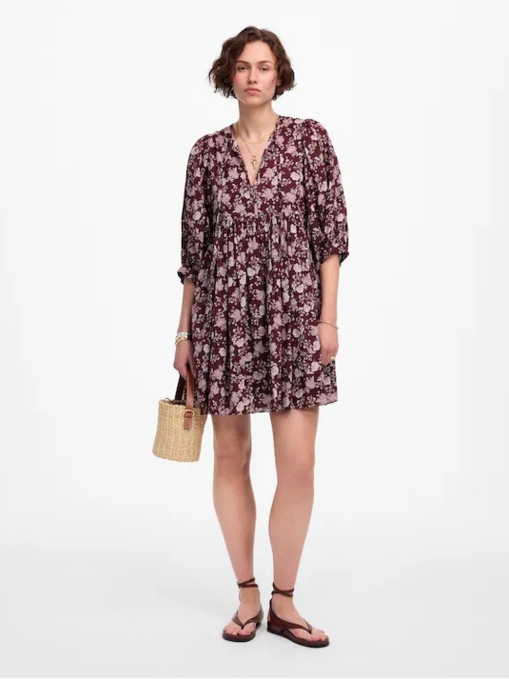 Madewell Floral V-Neck Babydoll Dress in Burgundy